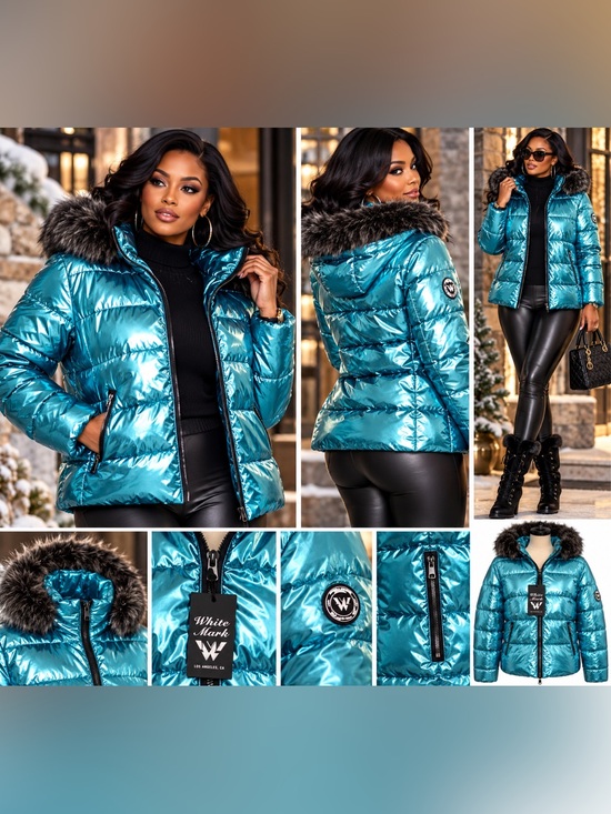 White Mark Jackets & Blazers - White Mark Metallic Blue Puffer Coat with Faux Fur Trim